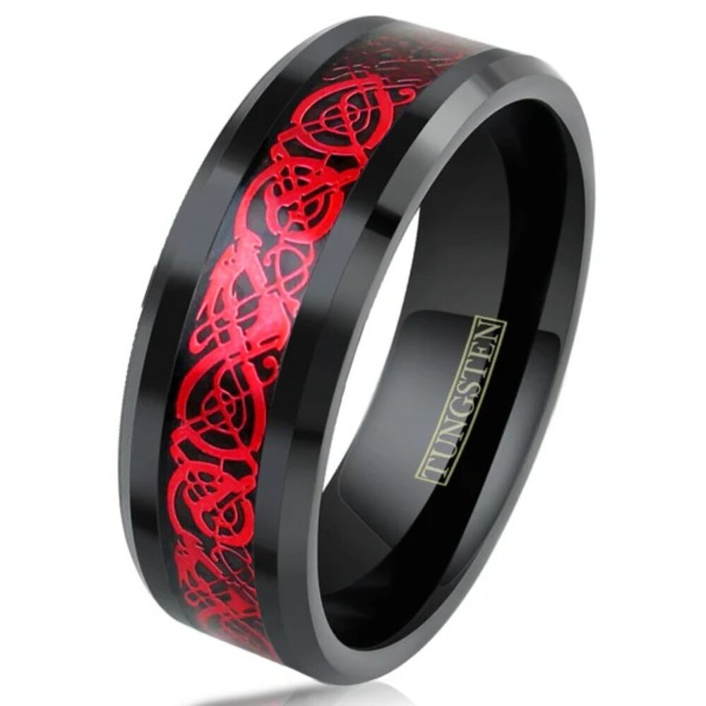 Scintillating Black Tungsten Ring With Ruby Red C… - image 1